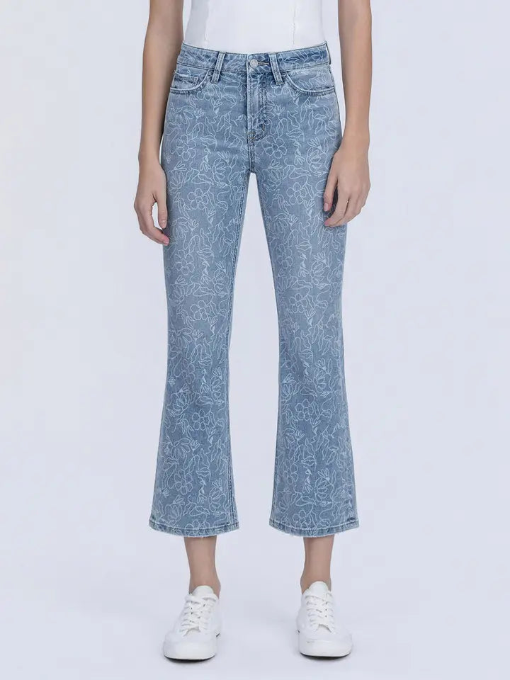 HR Crop Easy Flare Jeans w Floral Print