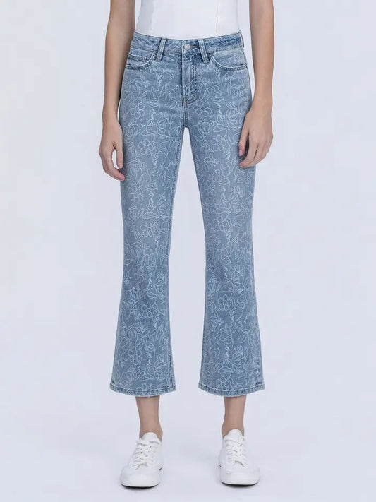 HR Crop Easy Flare Jeans w Floral Print