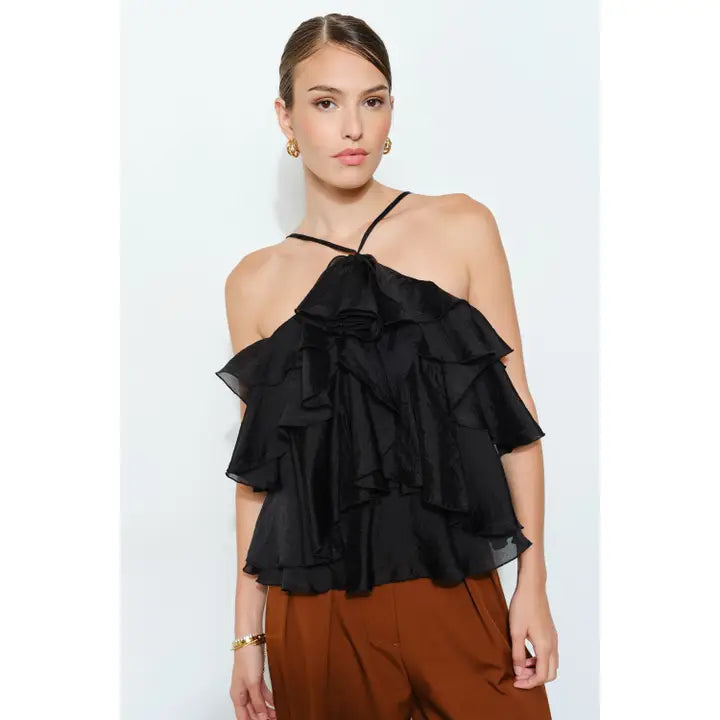 Floral Accent Tiered Ruffle Halter Top