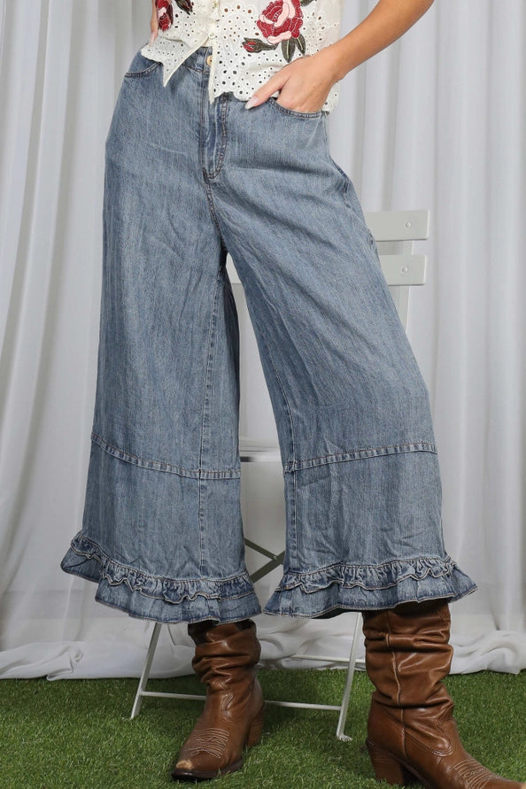 Flared Ruffle Hem Chambray Denim Pants