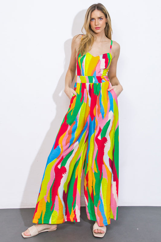 Color Block Printed Wide Leg Jumpsuit