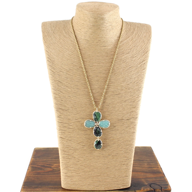 PP - Gold Necklace Long Stone Cross Drop