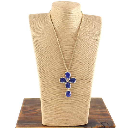 PP - Gold Necklace Long Stone Cross Drop