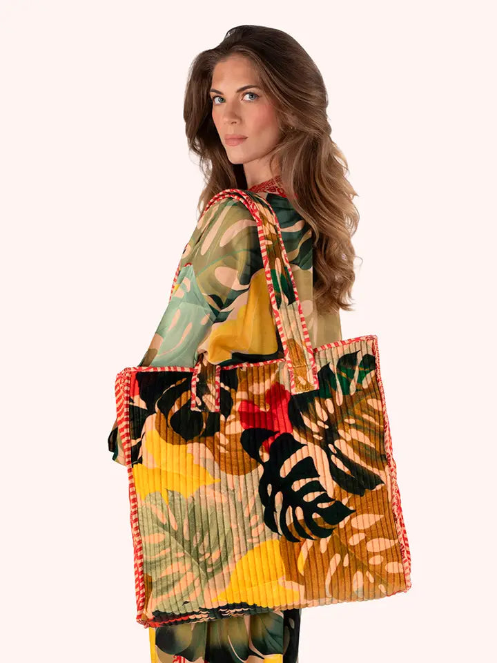 Exotic Leaves Velvet Quilted Tote