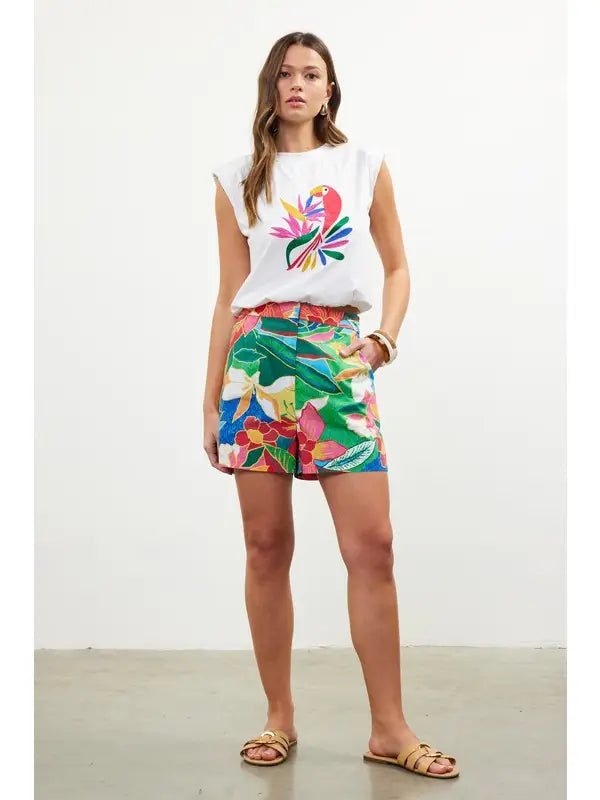 Bubble Hem Sleeveless Toucan Top